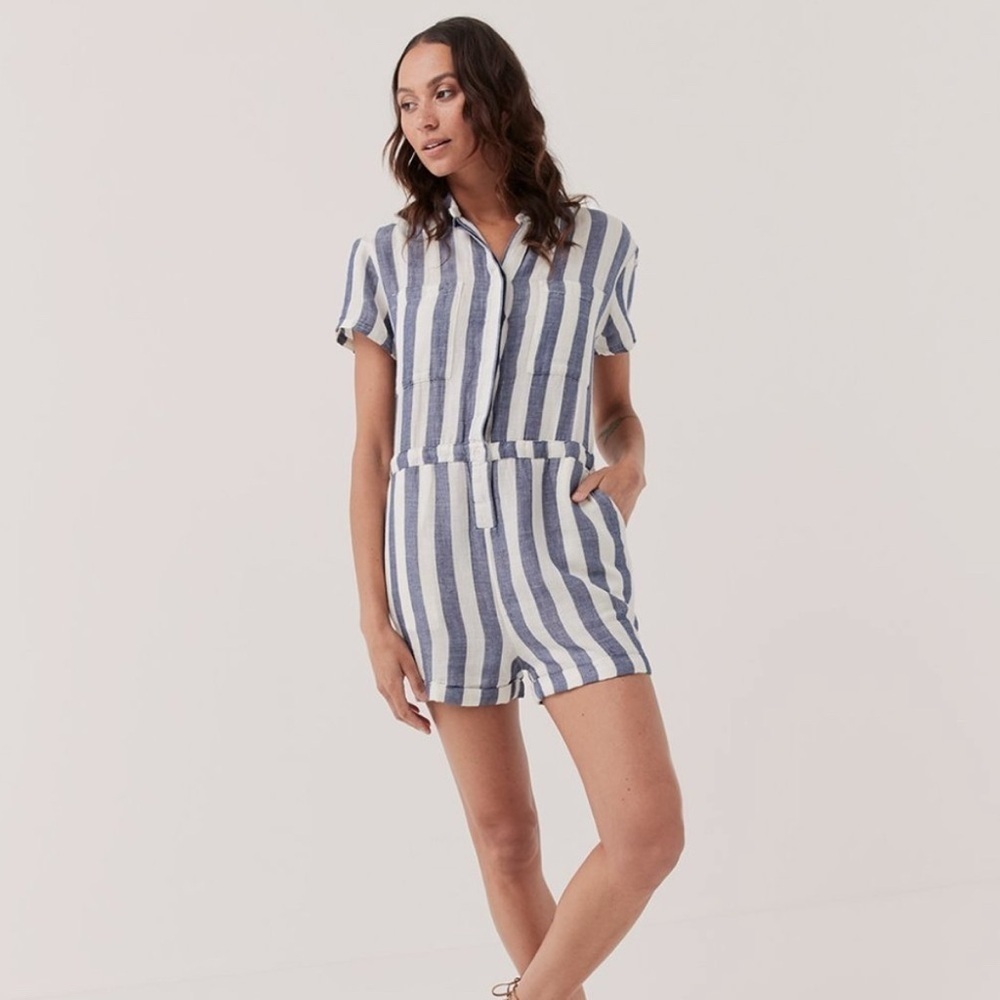 Pact The Harbor Romper in Mariner Stripe